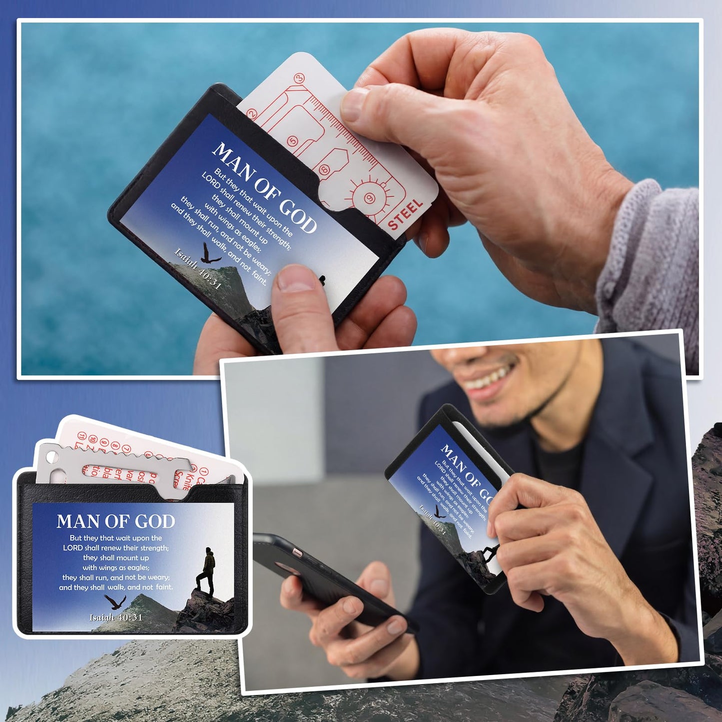 PullCrease 10 Pcs Man of God 11 in 1 Stainless Steel Credit Card Multitool Father's Day Gifts Survival Wallet Tool Bible Verse Ephesians 6: 10-11 Pocket Tool Set for Men Church Prizes Party Favor