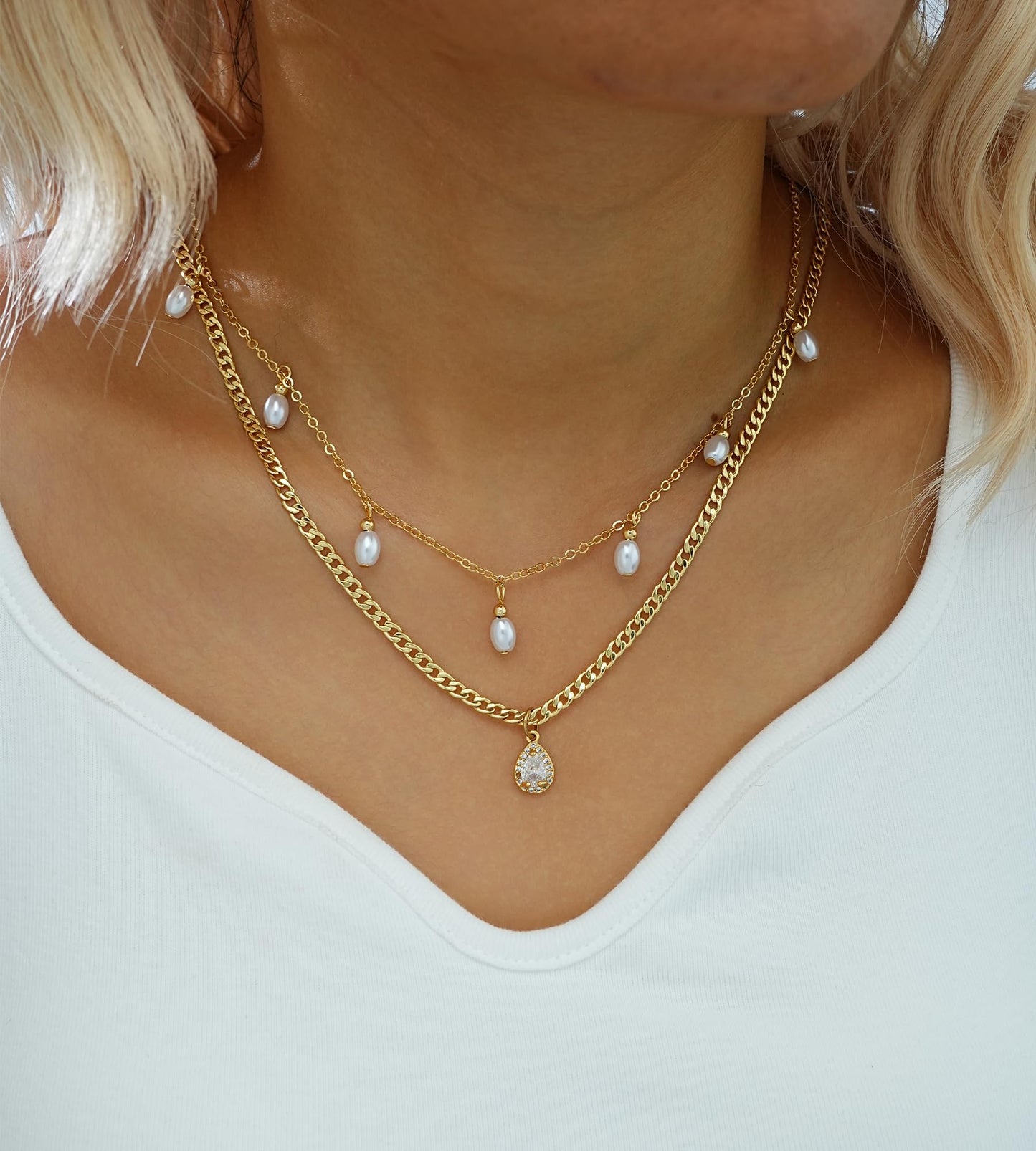 YEEZII Layered Gold Necklaces for Women Trendy, 3 Pcs 14K Gold Plated Choker Paperclip Box Chain Necklace, Stackable Women's Gold Pendant Necklaces Jewelry Set (Gold-3 Pcs-Pearl)