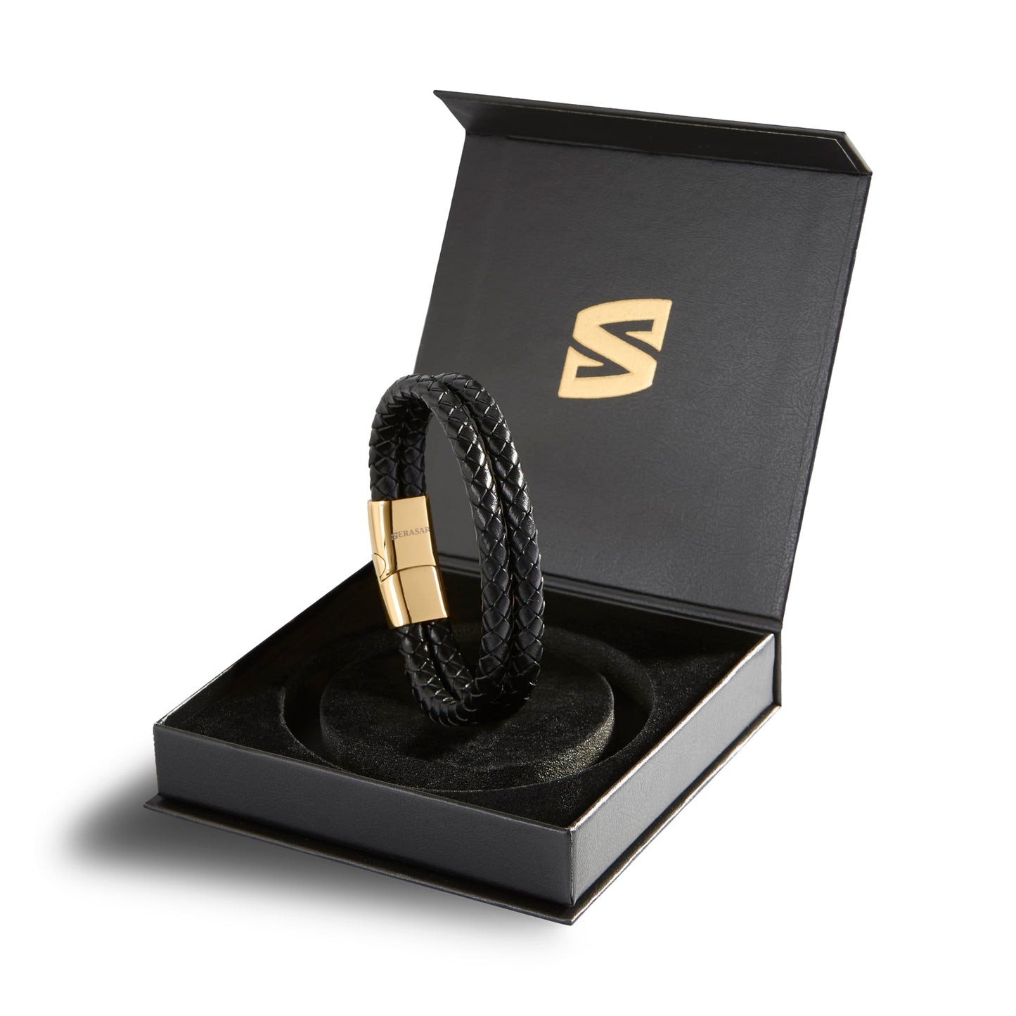 SERASAR Mens Jewellery 23cm Gold Bracelet Men Gift Box Genuine Leather Cowhide Braided Adjust Able Magnetic Clasp Multi Layer Wrap Rope Man Mans Male Band Jewelry Magnet Accessories
