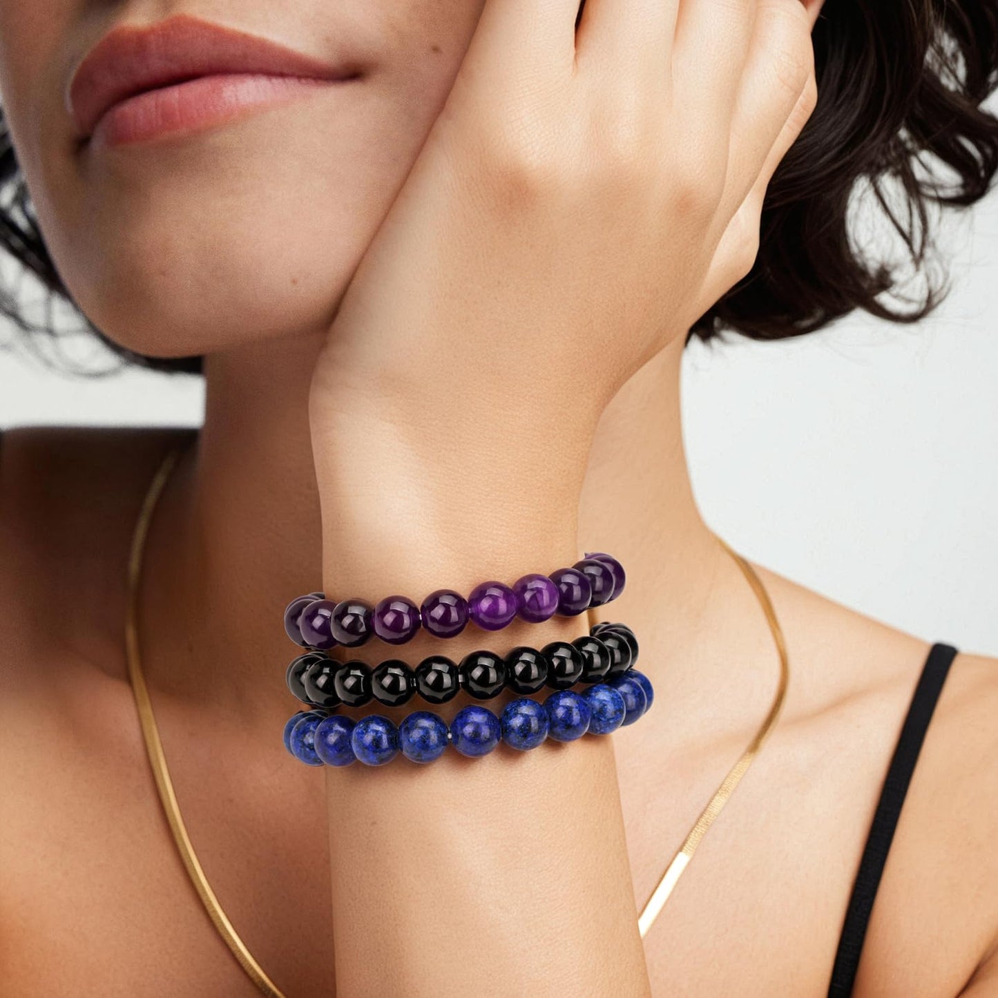 Pendlixy 3PCS Healing Crystal Bracelets for Women Men 8mm Amethyst Lapis Lazuli Obsidian Natural Stone Beaded Stretch Bracelet Handmade Gemstone Reiki Spiritual Jewelry Gifts