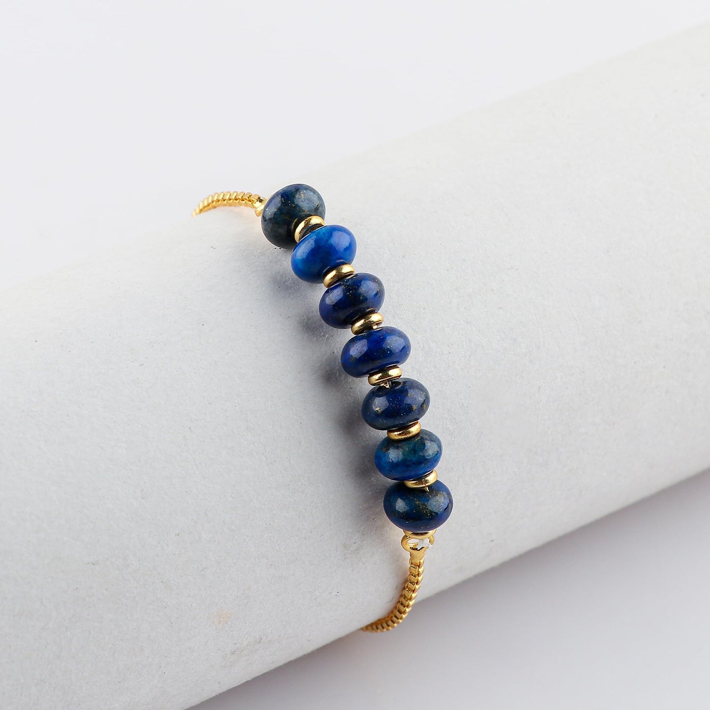 TGH Natural Lapis Lazuli Gemstone Rondelle Beads Bolo Bracelet Gold Plated Adjustable Slider Gift for Women Birthday Wedding Christmas Gifts (Lapis Lazuli Shade)