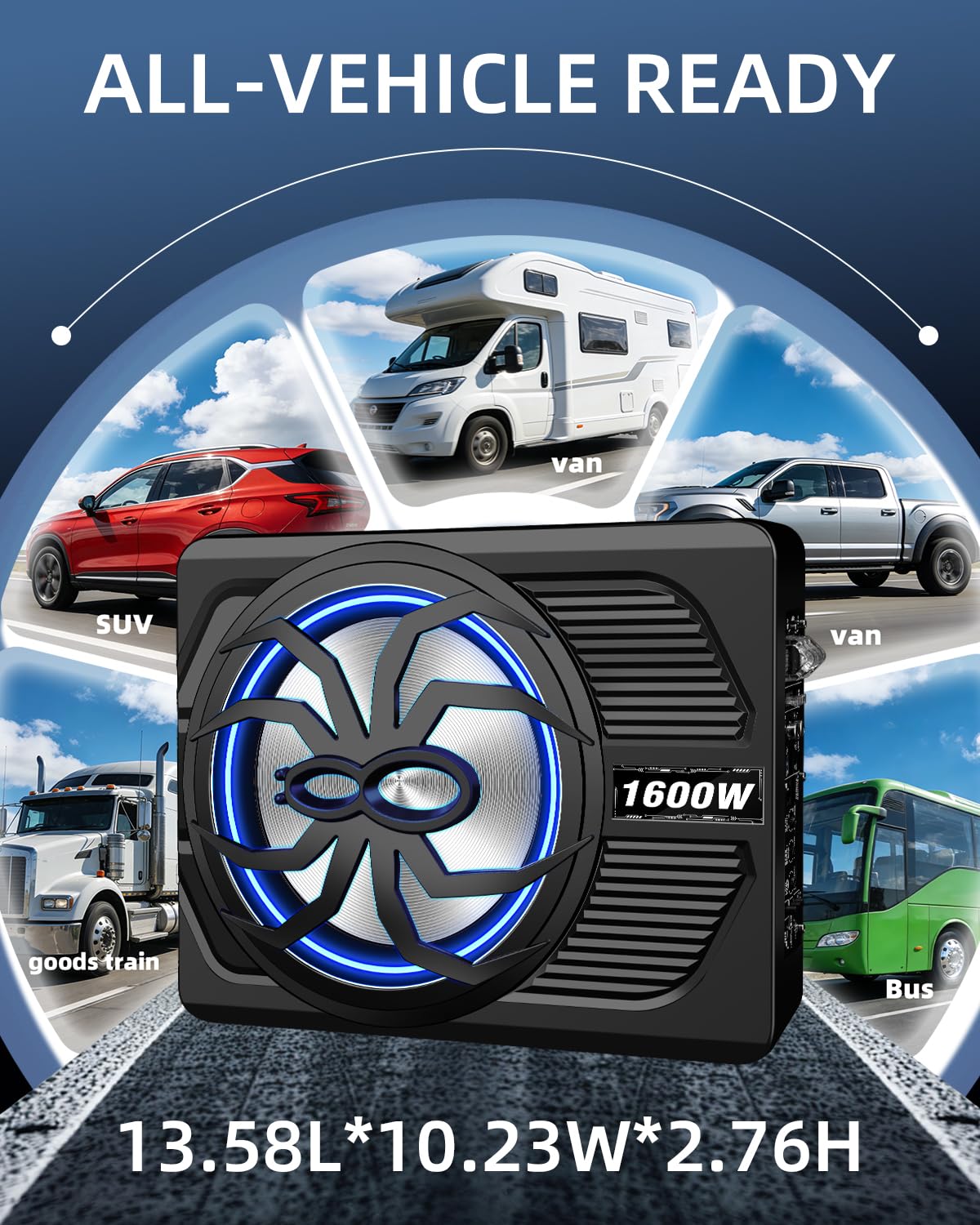 SUBPULSIX 1600W Slim Underseat Car Subwoofer and Amp Package, Under Seat Subwoofer with Built-in Class D Amp & DSP, LED Light Switch, Deep Subsonic Bass, Powered Subwoofer Car Audio for Truck/SUV