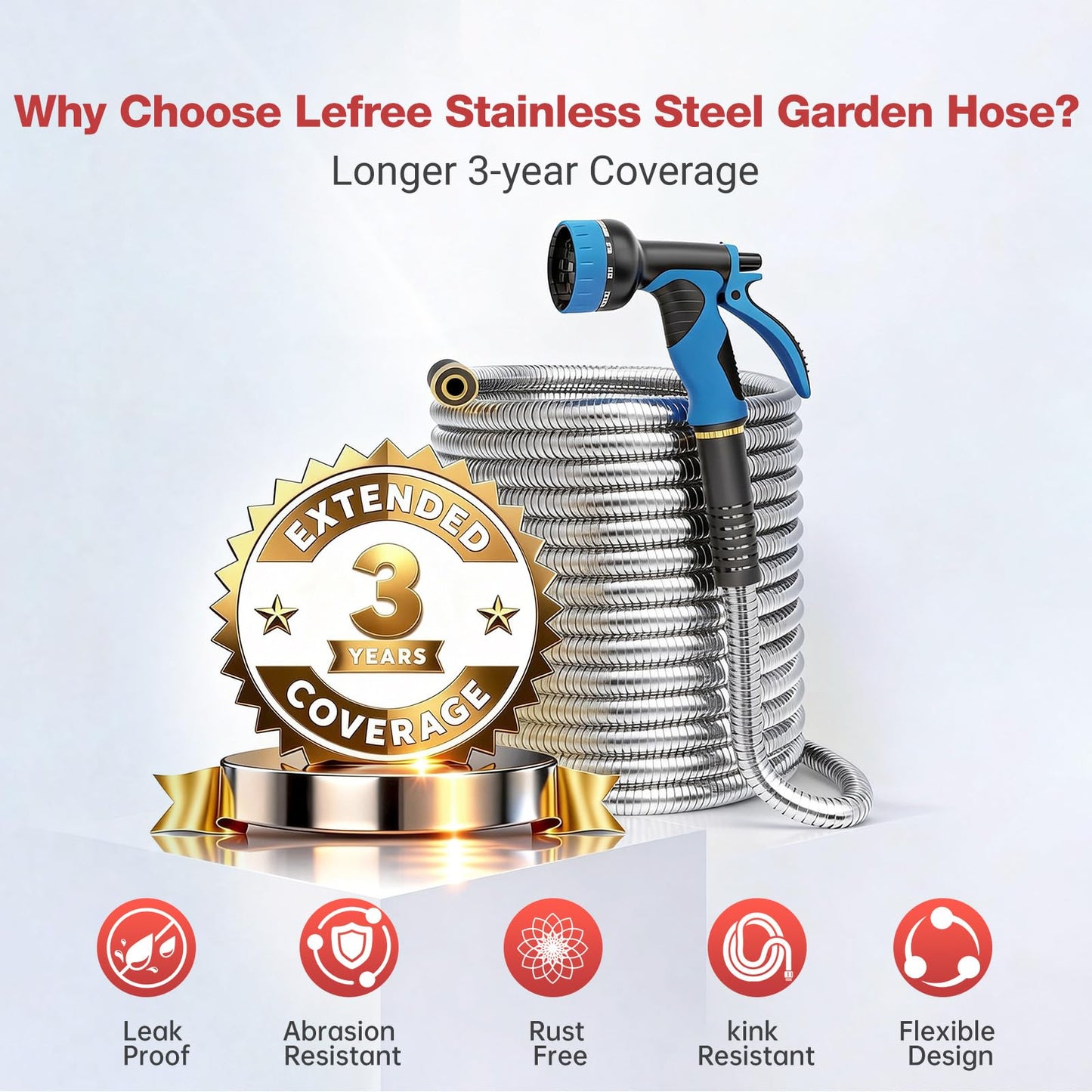 Lefree 75ft Metal Garden Hose - Heavy Duty 304 Stainless Steel Flexible Water Hose, No Kinks & Leak-Proof with Upgraded Handle, 10-Function Spray Nozzle for Yard, Garden, Pet Bath, Outdoor Cleaning
