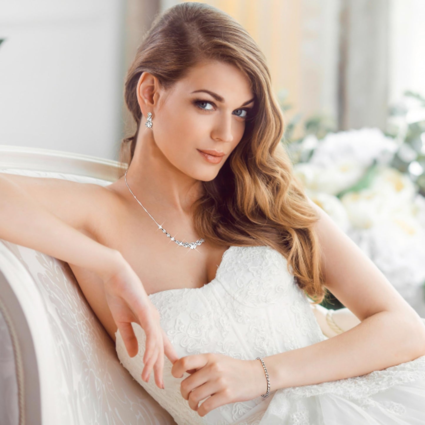 Jstyle 3 Pcs Silver Jewelry Set for Women Wedding Bridal Necklace Earrings Bracelet with Crystal CZ Hypoallergenic Prom Jewelry Set for Bride Bridesmaid Party Birthday Accessories Style 1