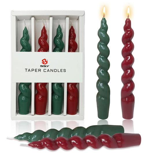 7.5 Inch Red and Green Spiral Taper Candles Set of 4, Handmade Unscented Twisted Dinner Candles for Candlestick Holders, Christmas Wedding Table Decor