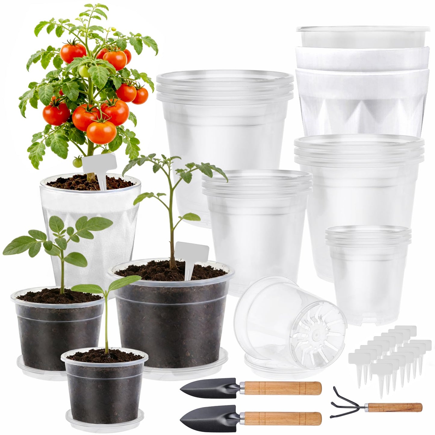 15 Packs Clear Nursery Pots with Drainage for Plants,6.8/6.7/6/5/4.5 Inch High Transparency Plastic Plant Pot Seedling Planter with 3 Decor Planters and Gardening Tools,Reinforced and High Hardness