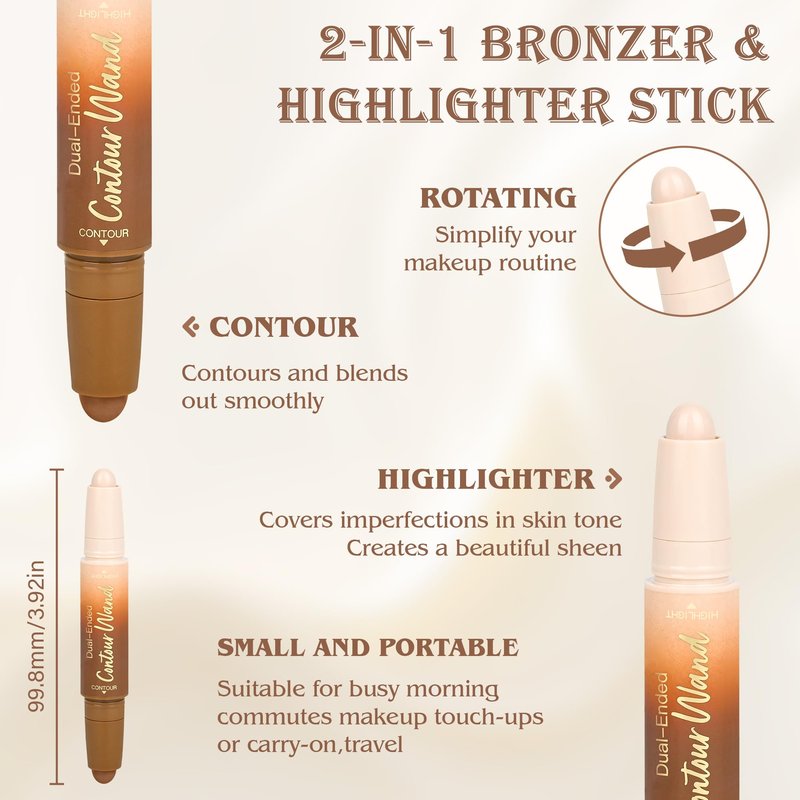 2Pcs Contour Highlighter Stick，2-in-1 Dual-Ended Cream Bronzer & Highlighter Sticks Pen for Face Body Contouring Makeup- Buildable，Waterproof, Easy to Apply Suitable for Beginners(02+02)