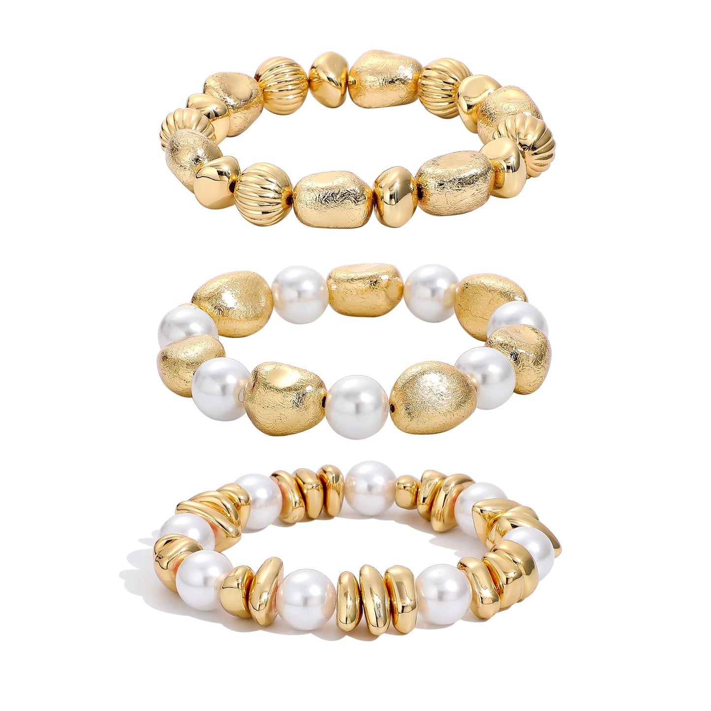 Sajidos Gold Plated Beaded Bracelets for Women Trendy, 14K Gold Plated Stack Cross Pearl Gold Plated Bead Stretch Bracelets Set Elastic Hypoallergenic Bracelets Jewelry Gifts (style13-pearl 3pcs)