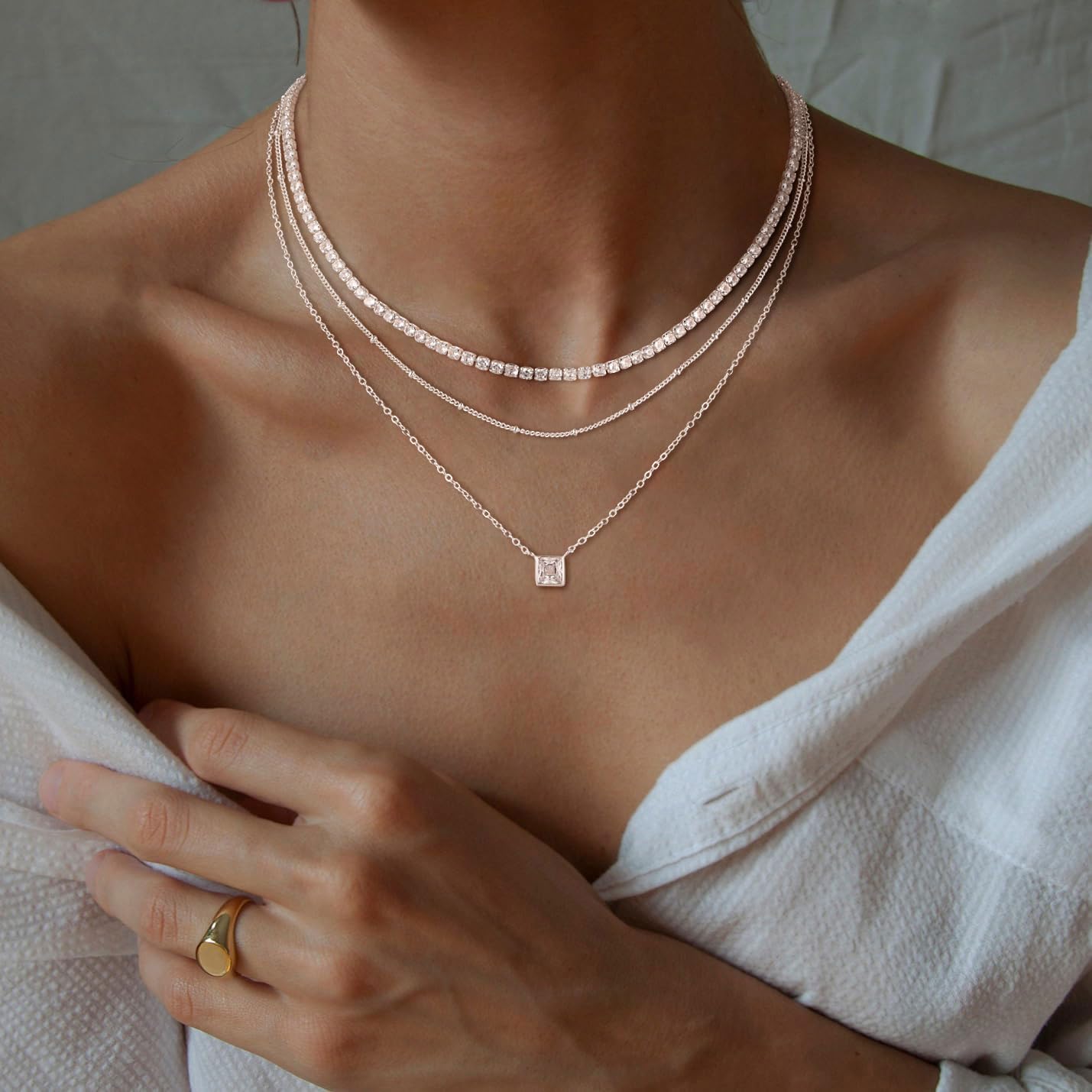 CHESKY Layered Silver Necklaces for Women Trendy, Silver Plated Dainty Stackable Charm Necklaces for Womens Layering Beads Tennis Chain Diamond Pendant Necklaces Jewelry Set for Women Gifts