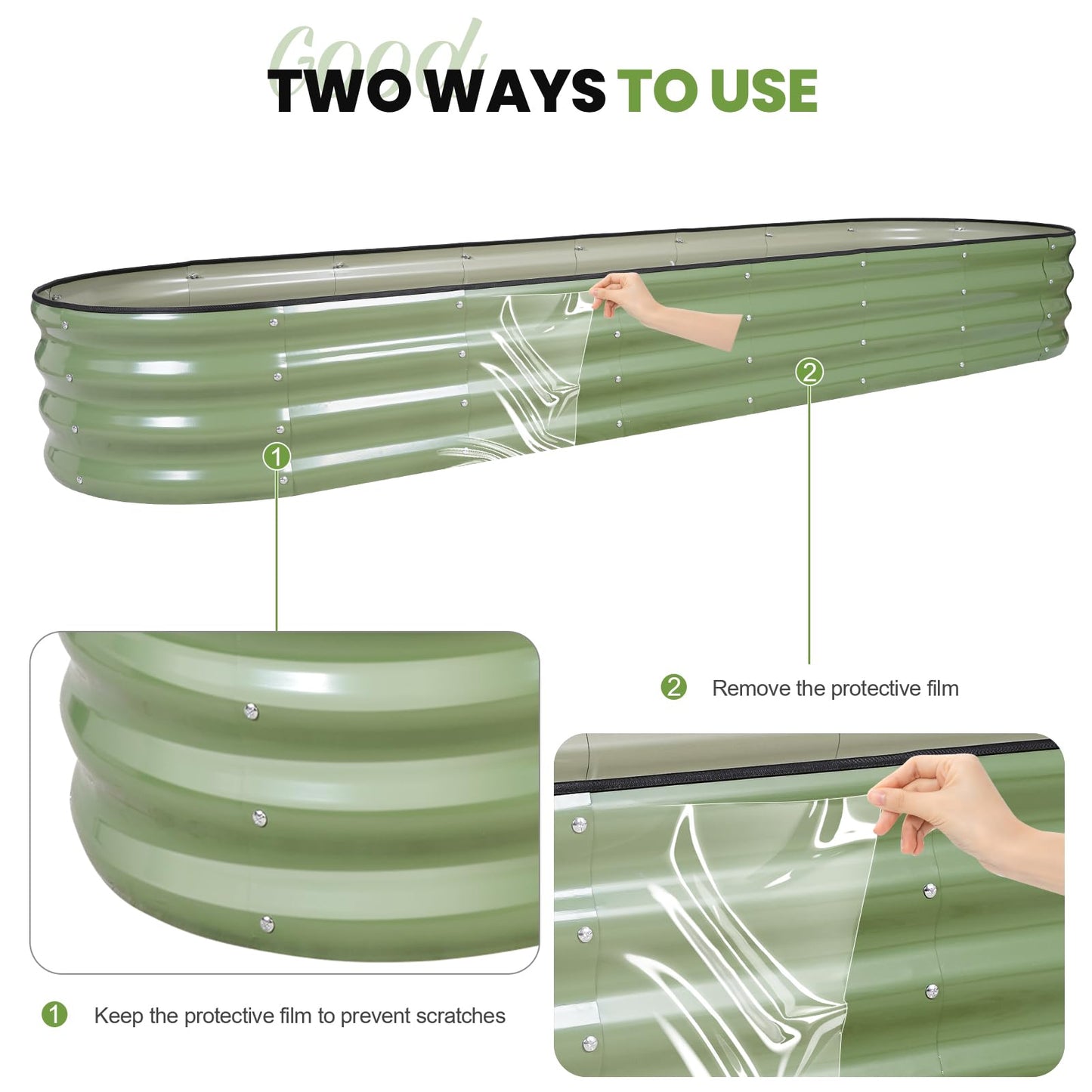 G GOOD GAIN Raised Garden Beds - 8x2x1ft Galvanized Planter Boxes Kit with Protective Tape & Gloves & Tools | Oval Metal Outdoor Raised Bed for Gardening Vegetables, Fruits, Flowers, Herbs, Oliver