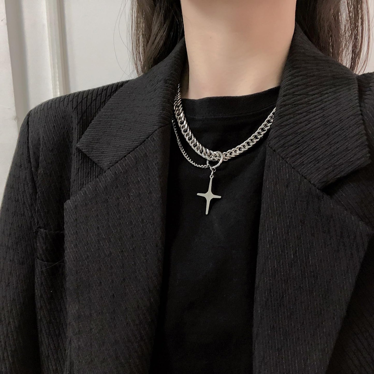 Buyongwant Star Pendant Irregular Necklace for Women Double Woven Chain Y2k Advanced Aesthetic Versatile Hip Hop Fashion Silver Titanium Steel