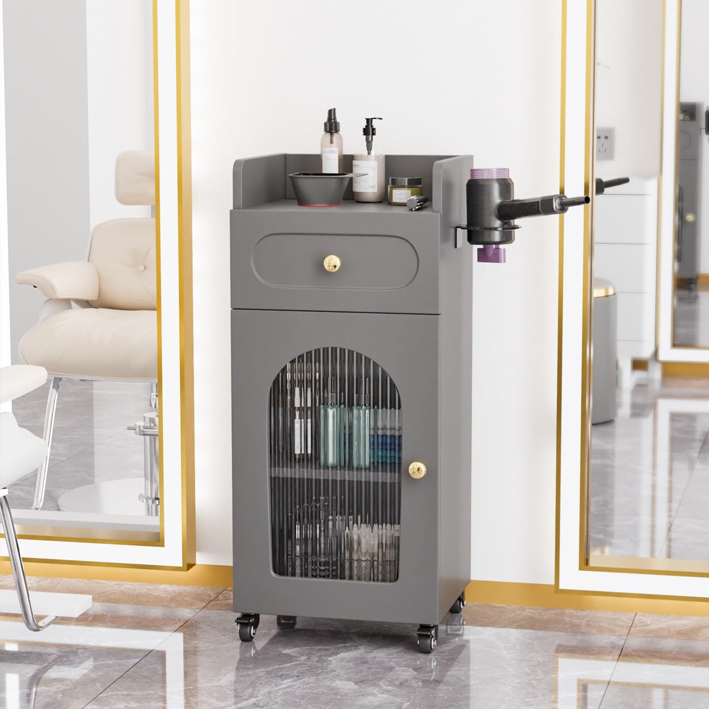 OmySalon Salon Cart with Wheels, 3-Tier Rolling Beauty Cart with Glass Door & Dryer Holder, Mobile Hair Styling Station for Barber, Spa, Esthetician, Nail & Tattoo Artists, Lockable Storage, Grey