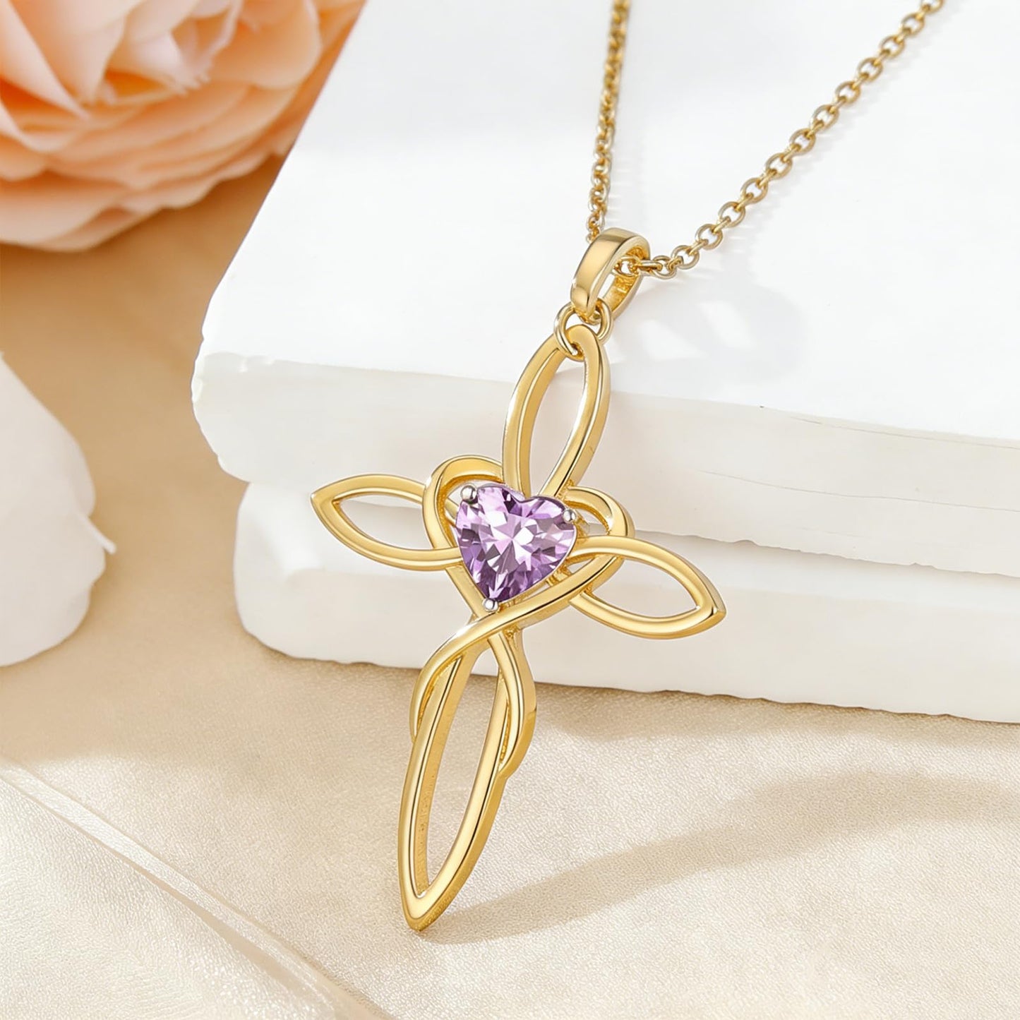 POIUY Celtic Knot Cross Birthstone Necklace for Women 14K Gold Irish Infinity Dainty Heart Pendant Cross Jewelry Anniversary Valentines Birthday Mothers Day Gifts for Mom Wife Her