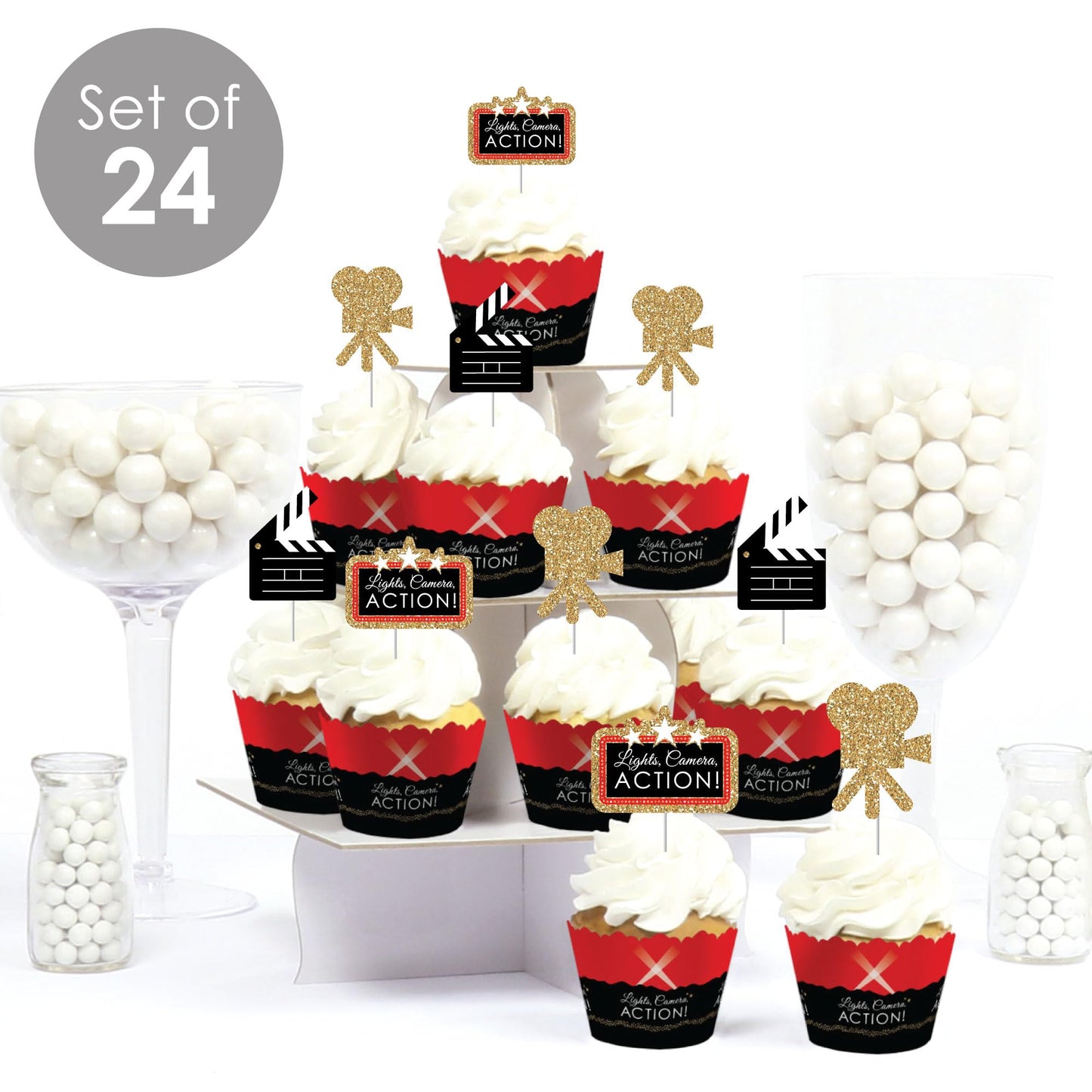 Big Dot of Happiness Red Carpet - Cupcake Decoration - Movie Night Party Cupcake Wrappers and Treat Picks Kit - Set of 24