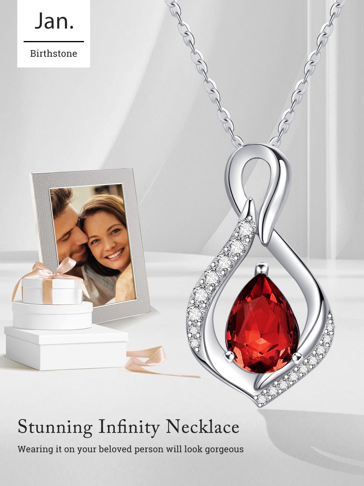 JIYVY32 Red Garnet Infinity Necklace for Women January Birthstone Necklaces White Gold Plating Anniversary Birthday Gifts for Wife Her Mom Girlfriend Birthstone Jewelry Gifts for Women