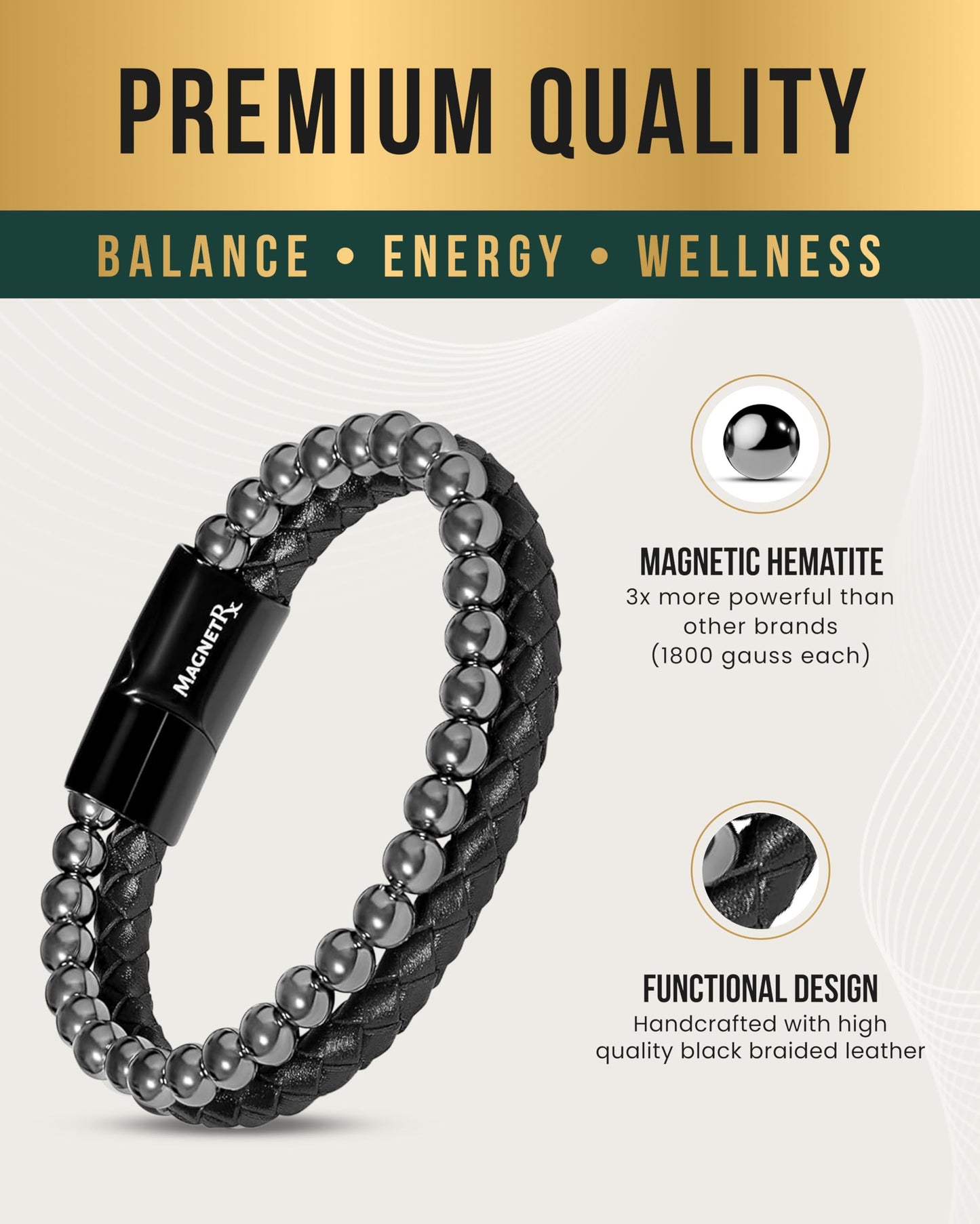 MagnetRX® Hematite & Leather Bracelet – Max Strength Magnetic Stone Beaded Bracelets for Men (Large)