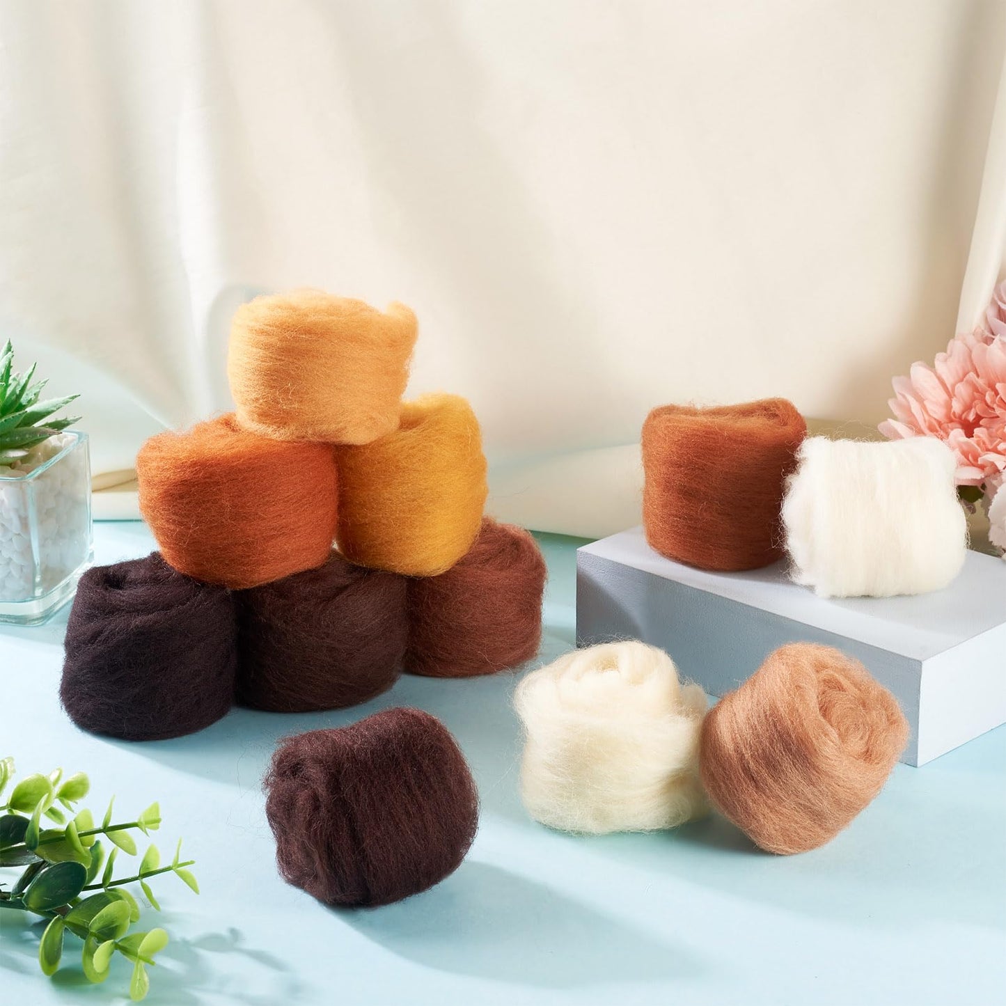 FASHEWELRY 1.94 OZ Fibre Wool Yarn Roving Brown Theme Nature Needle Felting Wool Roving Handmade Spinning Felt Kit for Felted Animal Needle Felting Supplies