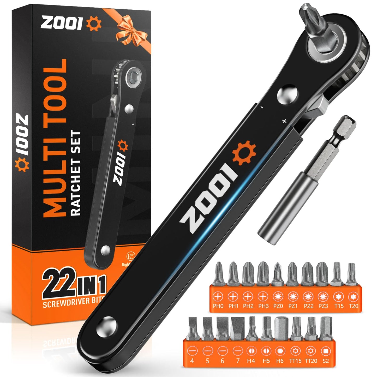 ZOOI 22 In 1 Ratchet Screwdriver Set, EDC Gear Tool Pocket Ratcheting Screwdriver, Mens Dad Gifts for Men Dad Him, 90 Degree Right Angle Screwdrivers, Tight Spaces Mini Ratchet Set