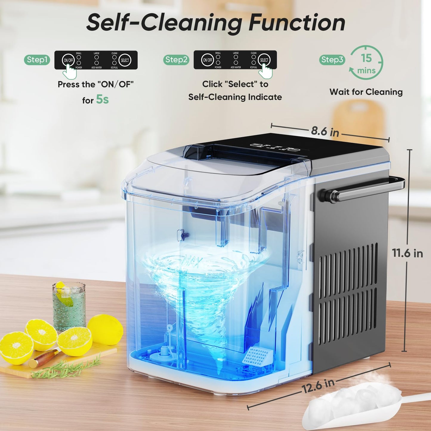 DUMOS Countertop Ice Maker, Portable Ice Machine Self-Cleaning, 9 Cubes in 6 Mins, 26.5Lbs/24H, 2 Sizes of Bullet Ice, Ice Scoop, Basket & Handle, Ice Cube Maker for Home Kitchen Party,1.5 L, Black
