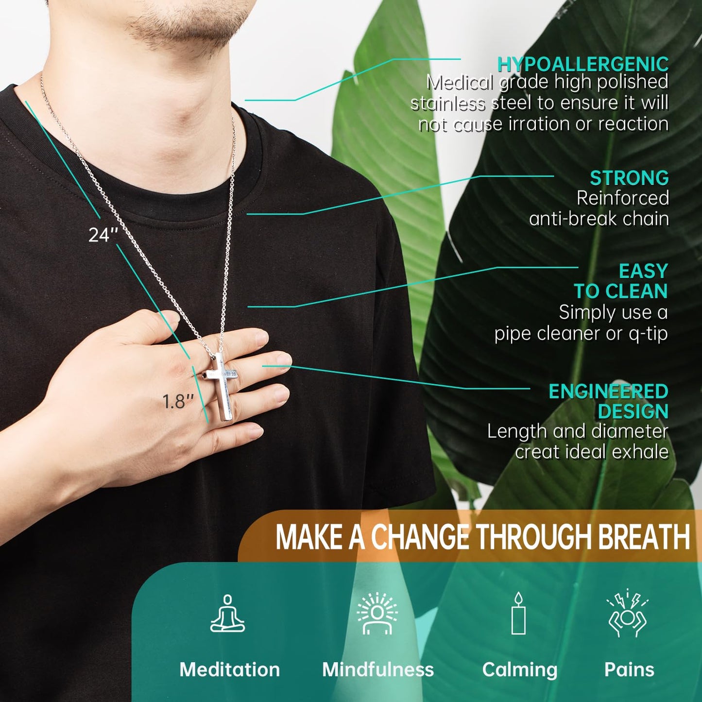 FUNPAR Cross Breathing Necklace for Anxiety, Inspirational Bible Verse Mindfulness Pendant Necklace, Stainless Steel Meditation Breathwork Tool, Anxiety Relief Items for Teens Gift(Black 4: 13)
