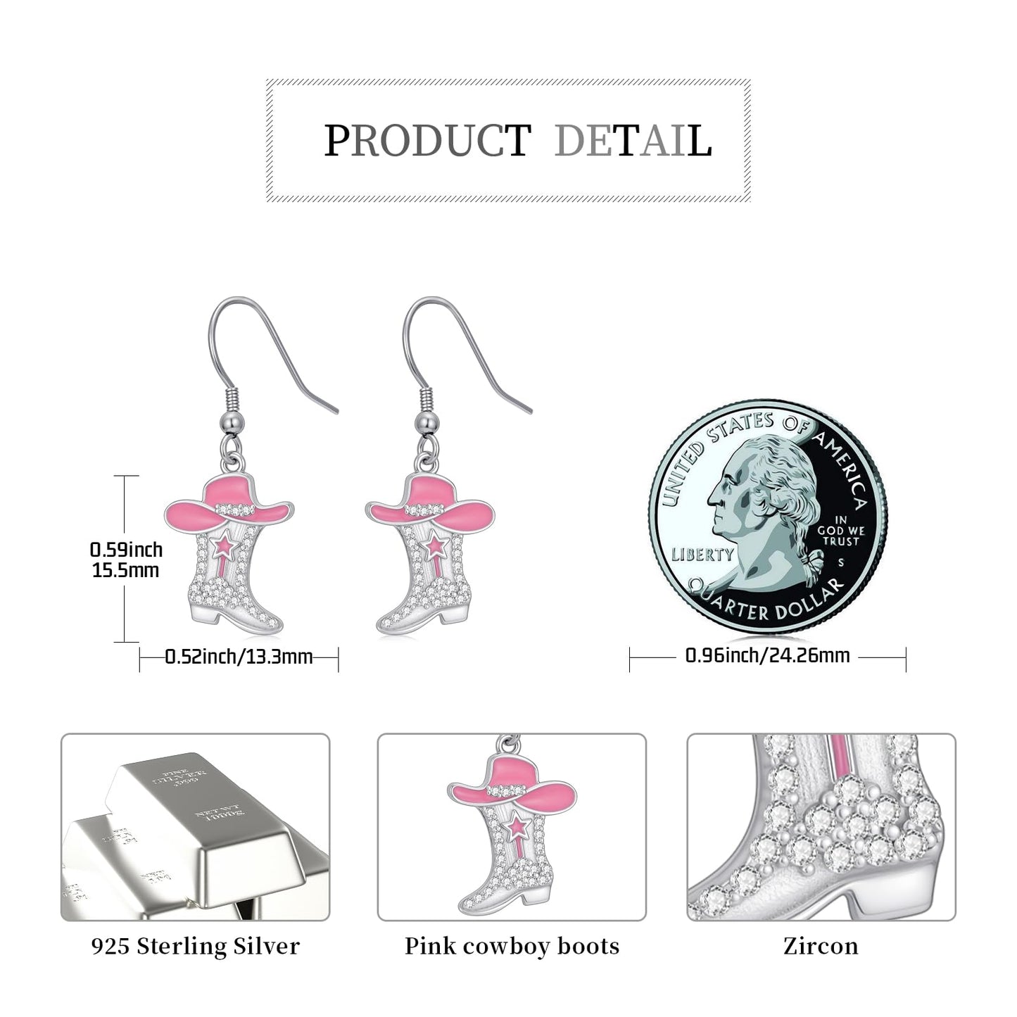 KoyeKei Pink Cowgirl Boot Earrings Western 925 Sterling Silver Pink Cowboy Texas Boot Country Dangle Drop Cubic Zirconia Earrings Western Jewelry Christmas Gifts for Women