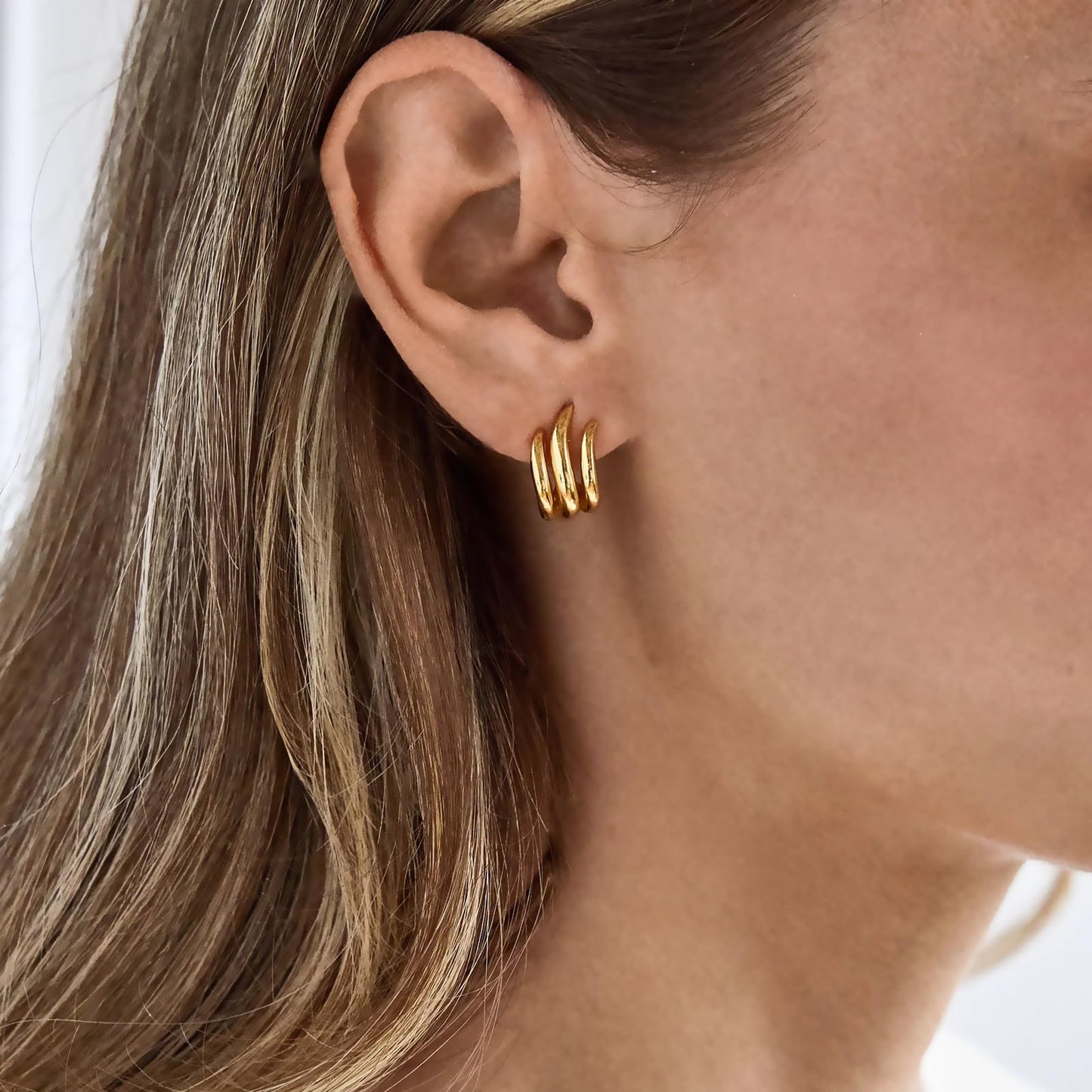 Obidos 14K Gold Plated Illusion Stud Earrings for Women | Triple Huggie Hoop Earrings for One Hole| Trendy Simple Hypoallergenic Fashion Accessories Gold Jewelry Gifts for Womens (Illusion Earrings-Yellow Gold)