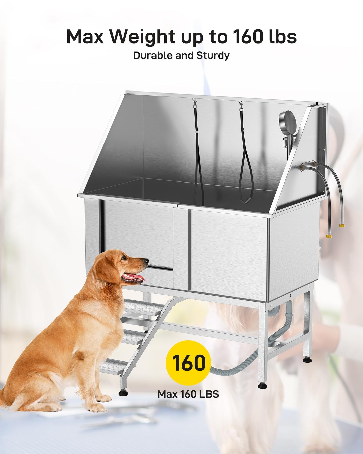 Hipicute 50 inch Professional Stainless Steel Dog Bathing Station, Dog Grooming Tub, with Stairs, Floor Grate & Faucet for Dog Bathtub for Medium & Small Pets