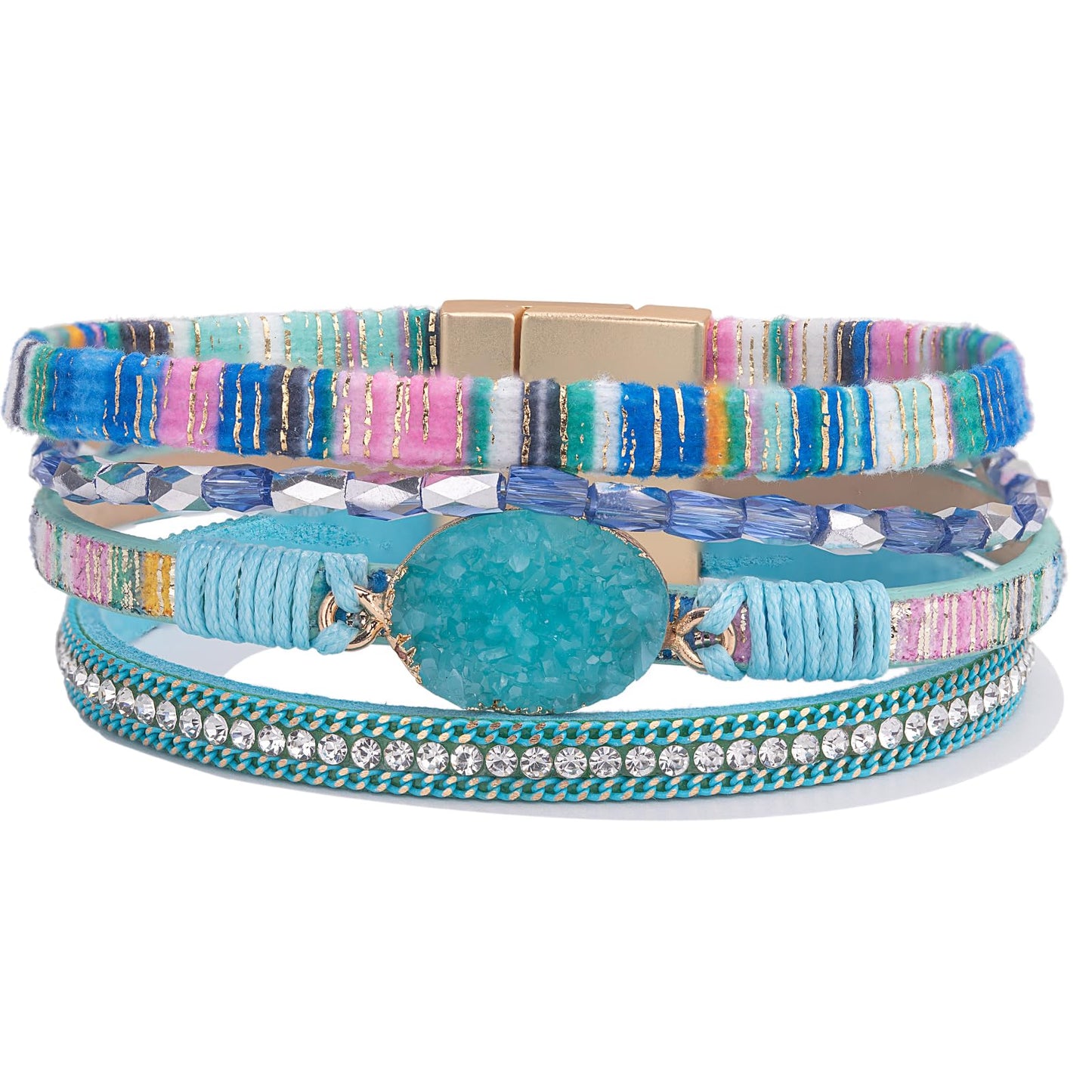 FANCY SHINY Boho Leather Wrap Bracelet Stackable Chunky Crystal Cuff Bracelets with Magnetic Clasp Cowboy Cowgirl Western Summer Beach Outfits Jewelry Gifts for Women (7.7", Boho Blue)