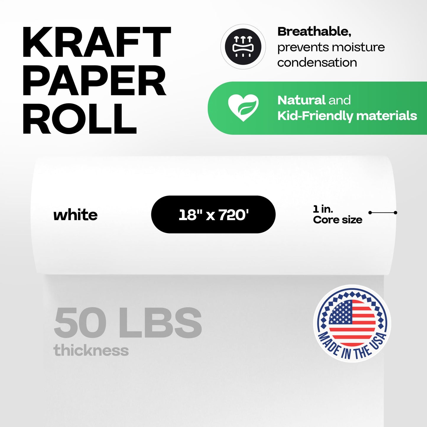 White Kraft Paper Roll 18" x 8640" (720 feet) - Quality USA-Made Large Paper Roll 50lb Thickness for Packing, Moving, Shipping & Crafts/Art - 100% Recyclable Natural Wrapping Material by IDL Packaging