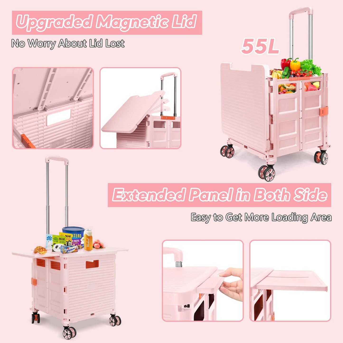 FELICON SELORSS Folding Utility Cart Rolling Crate Tote Basket Box Storage Handcart on 4 Swivel Wheels with Adjustable Handle Extended Magnetic Lid for Teacher Move Shop Travel Grocery Office(Pink)