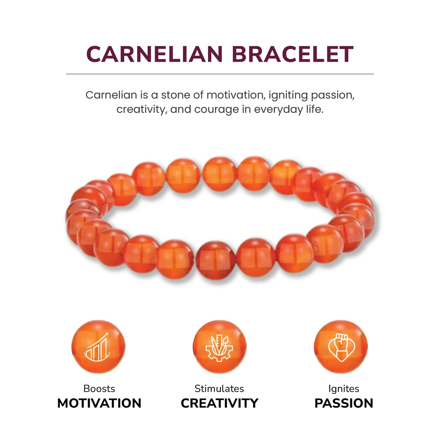 Crystal Vibe Carnelian Bracelet for Boosting Courage Self-Confidence and Motivation - 8mm Beaded Bracelet for Women Men - Elastic Adjustable Size