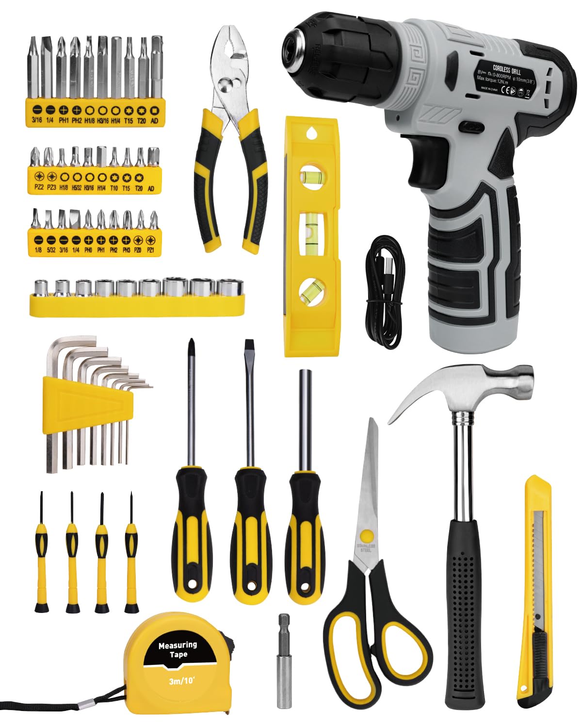 Thatool 139-Piece Tool Set - Tool Kit with 8V Cordless Drill Driver in ToolBox Storage Case, General Household Drill Set for Home Repairs, Handyman, DIY Projects