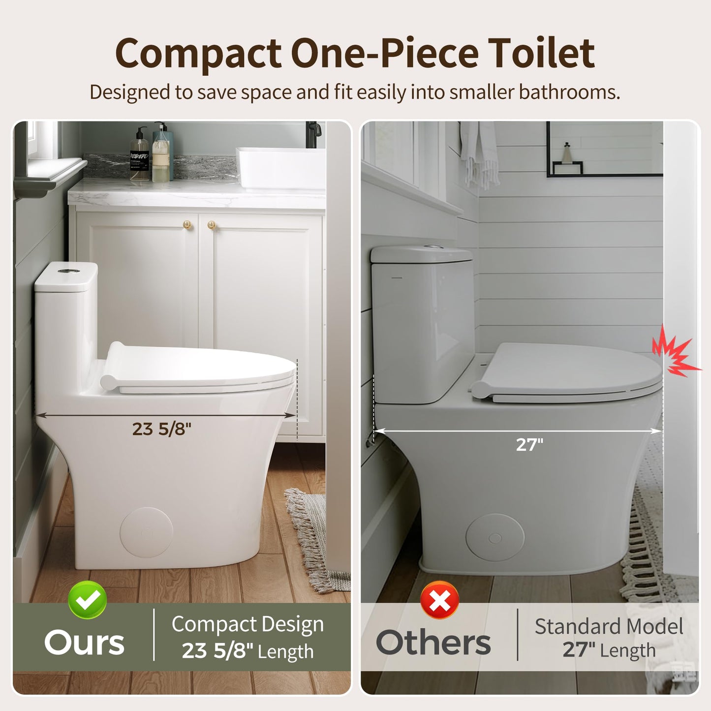 DeerValley Compact One-Piece Toilet 1.28 GPF Single Flush Fully Skirted Bowl with Soft-Close Seat White Space-Saving Elongated Toilets for Small Bathrooms