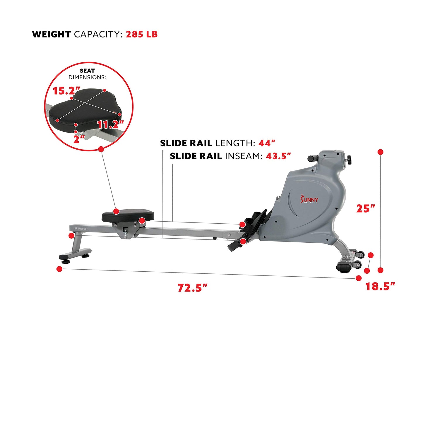 Sunny Health & Fitness Silent Magnetic Rowing Machine with 16 Level Resistance – Home Rower Designed for Low-Impact Full-Body Workouts and Users up to 220 LB - SF-RW5987