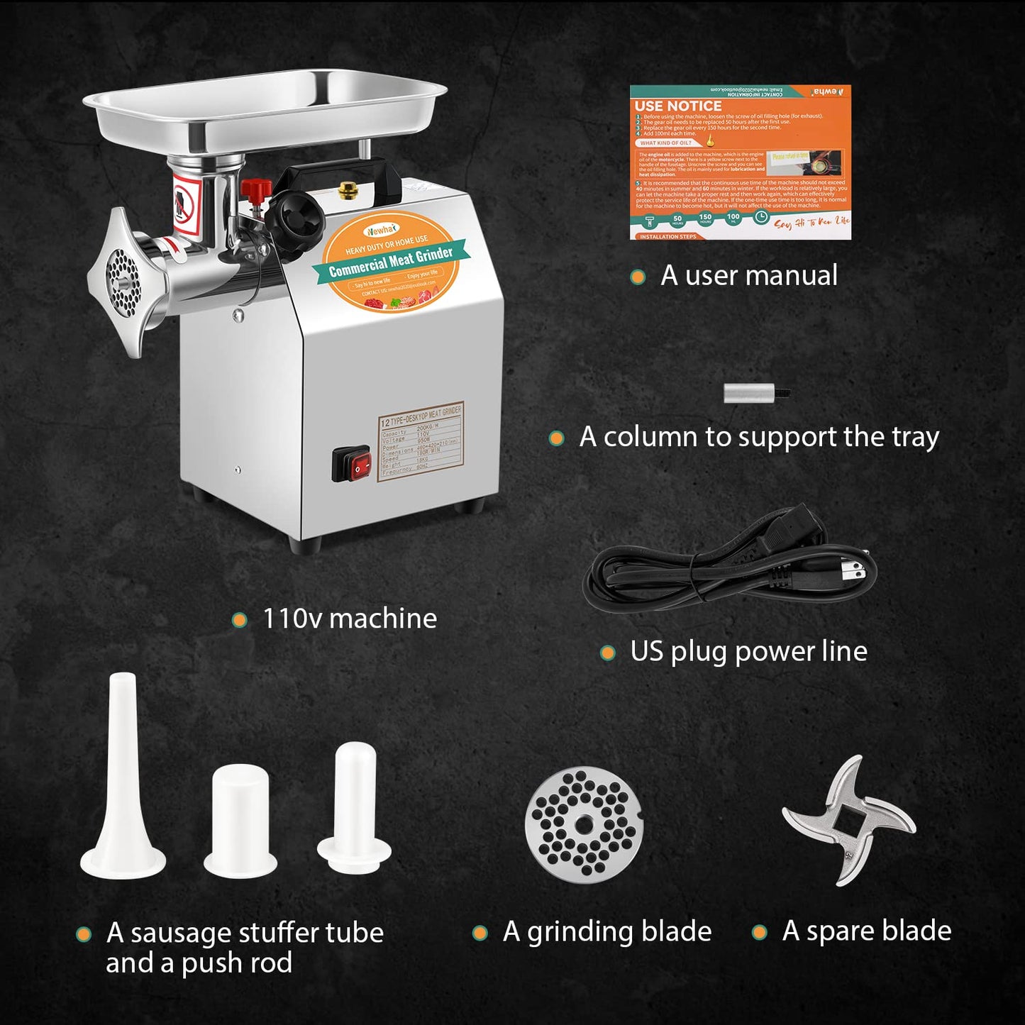 Newhai 1.3HP Commercial Meat Grinder Electric Meat Grinding Machine Heavy Duty Industrial Meat Mincer Sausage Stuffer 3/6/8mm Grinding Plates Grinding Chicken Bones for Restaurant 950W 110V US