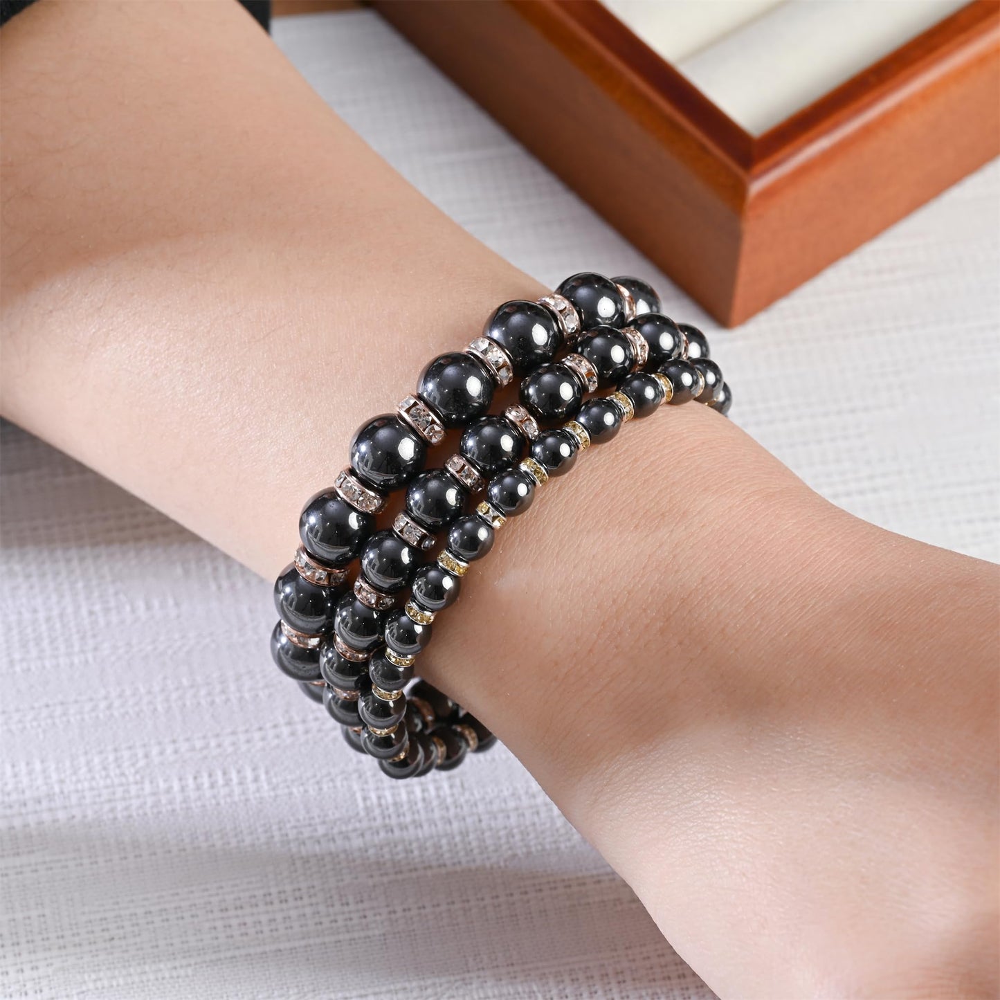 Apocalyptic-K Women's Magnetic Bracelet，Hematite Bracelets，Magnetic Bracelets With Zirconia,Handmade Stretch Bracelet，Eliminates static electricity. (Rose Gold Zirconia,10MM)