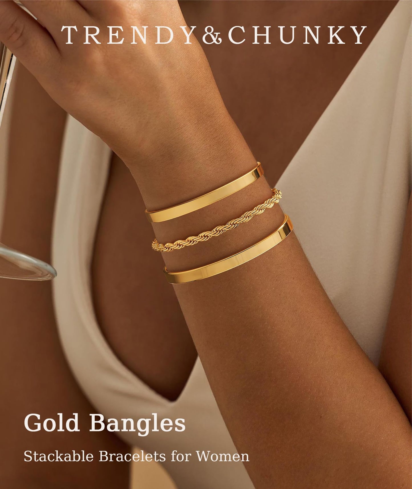 ZOERAY Silver Gold Bangle Bracelets for Women Non Tarnish 14k Gold Plated Stackable Cuff Bracelets for Women Trendy Cubic Zirconia Stainless Steel Chunky Bracelet Stack Set Waterproof Jewelry Gifts