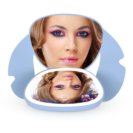 Impressions Vanity Stitch Ohana LED Compact Mirror with Lights, Lighted Travel Makeup Mirror with 3X Magnification, Adjustable Brightness, and Soft Touch Velvety Finish, Auto Shut-Off