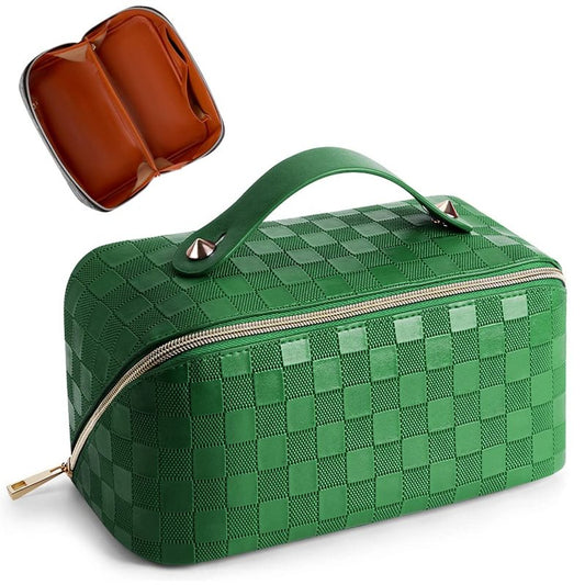 Cessfle Large Capacity Travel Cosmetic Bag Plaid Checkered Makeup Bag Portable Leather Waterproof Skincare Bag with Handle and Divider for Women 01-Green