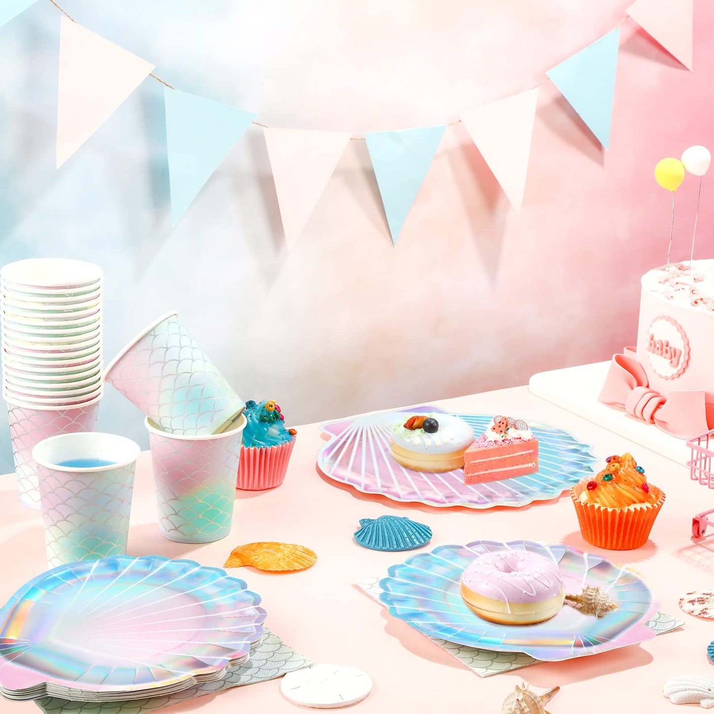 Hoolerry 200 Pcs Mermaid Party Supplies 7 Inch 9 Inch Disposable Paper Seashell Plates, Napkins and Cups Cutlery Dinnerware Set for Under The Sea Birthday Baby Shower Ocean Party Decoration, Sever 50