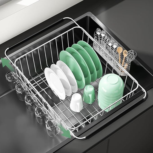Fanbsy Dish Drying Rack in Sink, Extendable Stainless Steel Dish Drainers for Kitchen Counter, Anti-Rust Dish Dryer Rack with Utensil & Cup Holders, for Inside Sink, Over The Sink