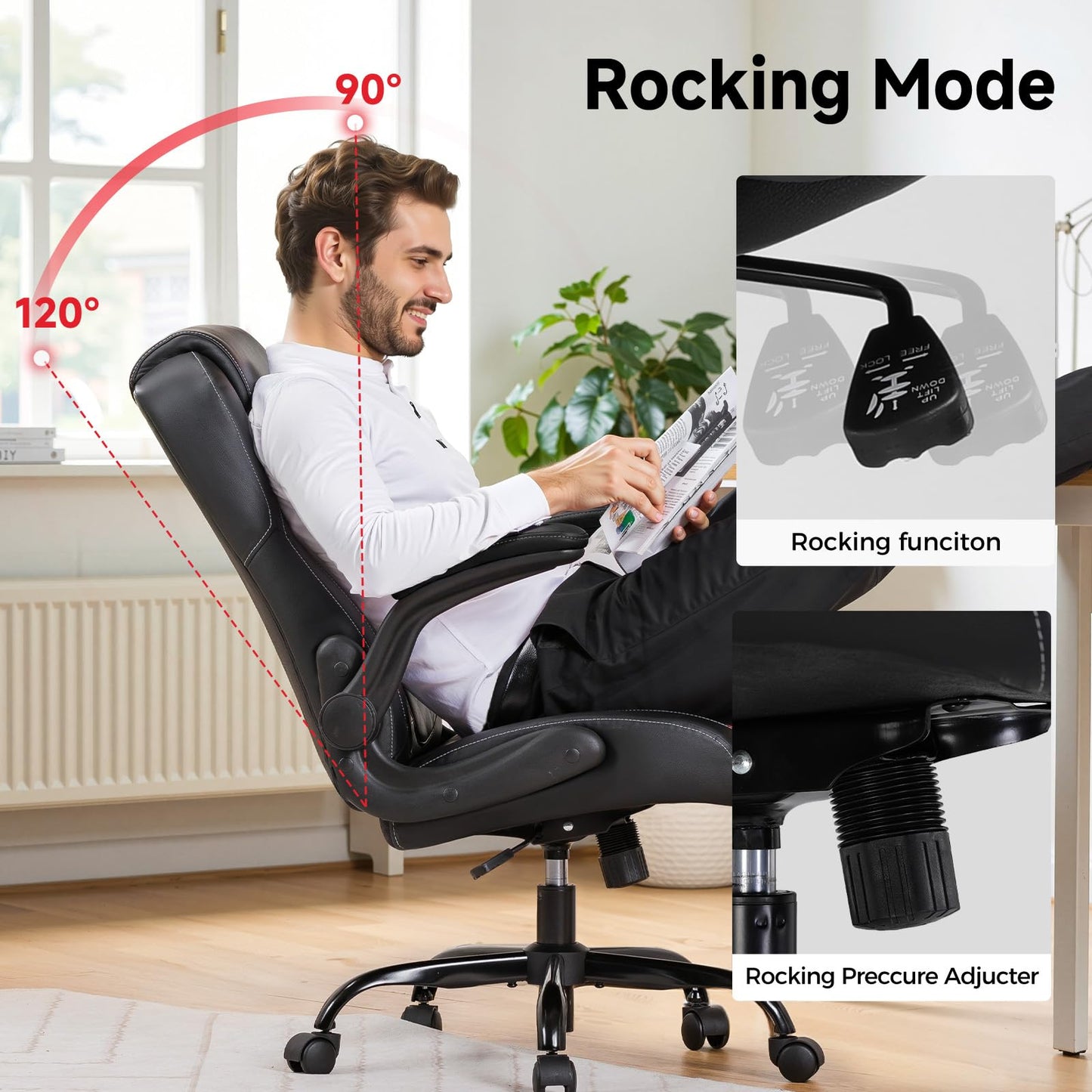 GTPLAYER Office Chair with Flip-Up Armrests, Ergonomic Desk Chair with Rocking Function, Adjustable Height, High-Density Foam Seat, Executive Computer Chair for Home Office (Black)