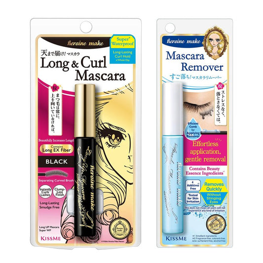Heroine Make by KissMe Long & Curl Mascara + Eye Makeup Remover | Waterproof & Gentle Makeup Remover Liquid | Black Mascara with Volumizing, Curling Formula | Japanese Makeup