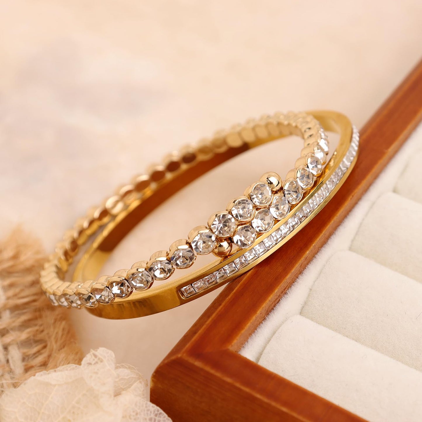 Agriajun Dainty Cubic Zirconia Gold Bangles Bracelets Set for Women, 2PCS Trendy Minimalist Statement Ruby Classic Tennis Bracelet Everyday Wedding Fashion Jewelry Christmas Gift.