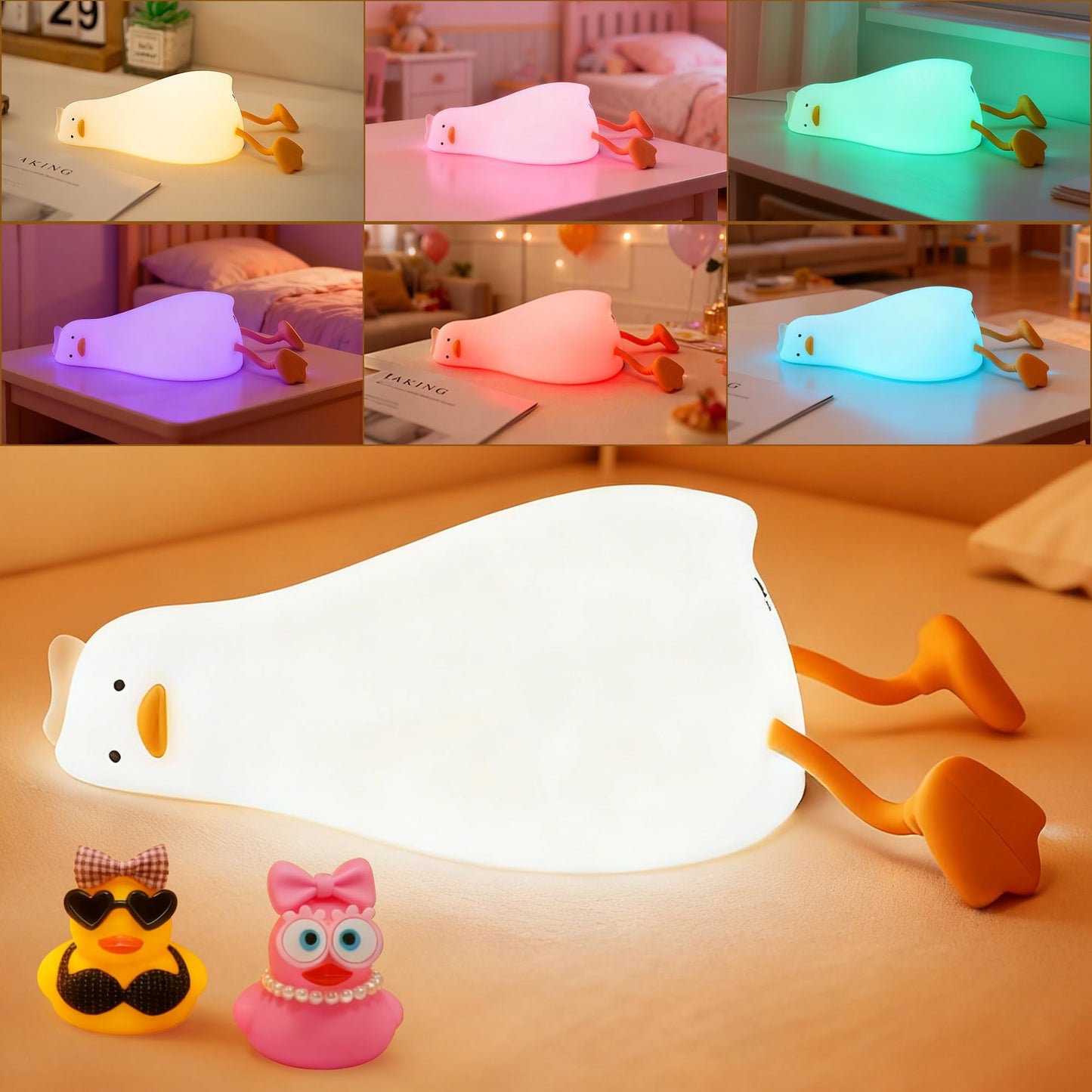 Cute Duck Night Light with Color Changing, APP/Tap Fun Lying Flat Duck Lamp with Rubber Duck Gift,Soft Silicone Nursery Nightlight,Dimmable/Timing Bedside Lamp,White Elephant Xmas Gifts for Baby Kids