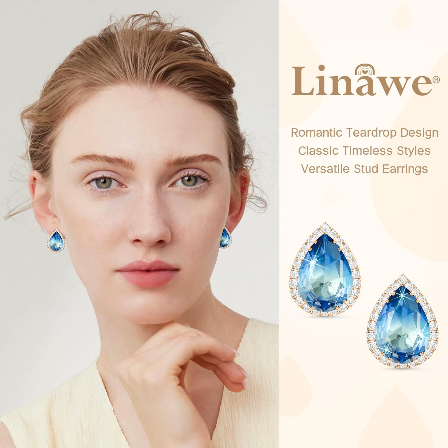 Linawe Aquamarine Stud Earrings for Women, Blue Cubic Zirconia Earrings Studs, Rose Gold Imitation Diamond Rhinestone Crystal Iridescent Teardrop Earrings Piercing Jewelry