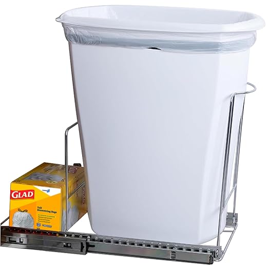 Pull-Out Trash Can for Cabinet -10 Gal / 40 qt – Heavy-Duty Chrome, Smooth Slide with Trash Bag Storage – Fits 11" Cabinet Opening (Bin Not Included)