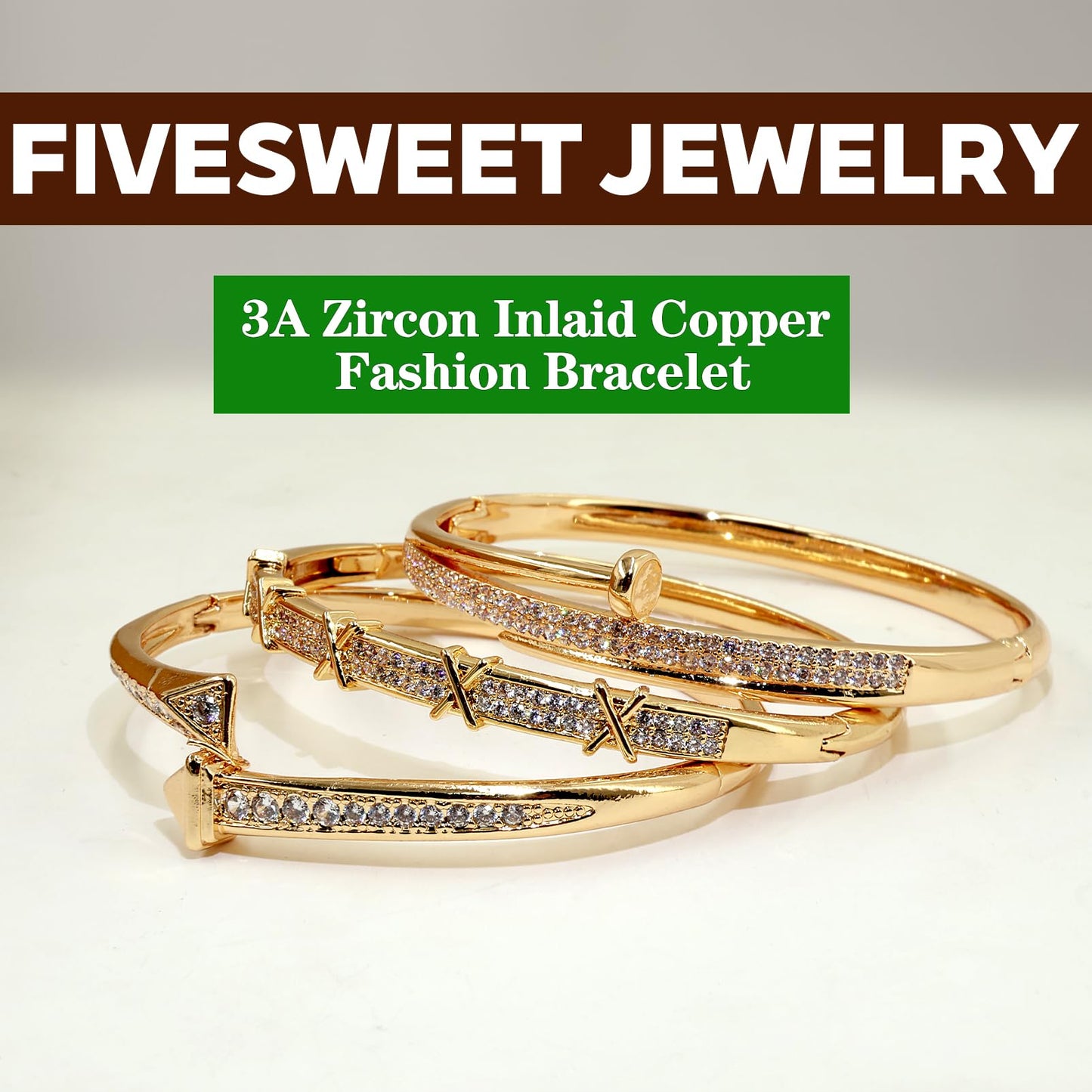 FIVESWEET 3PCS Gold Bangle Bracelet Set for Women, Copper Inlaid with 3A Zircon, Stackable Trendy Jewelry, 2.4 Inch, Great Gift for Her Girlfriend Wife Mom Sister Lover on Birthday Christmas Valentine's Day Mother's Day (Rivet & X-Element)