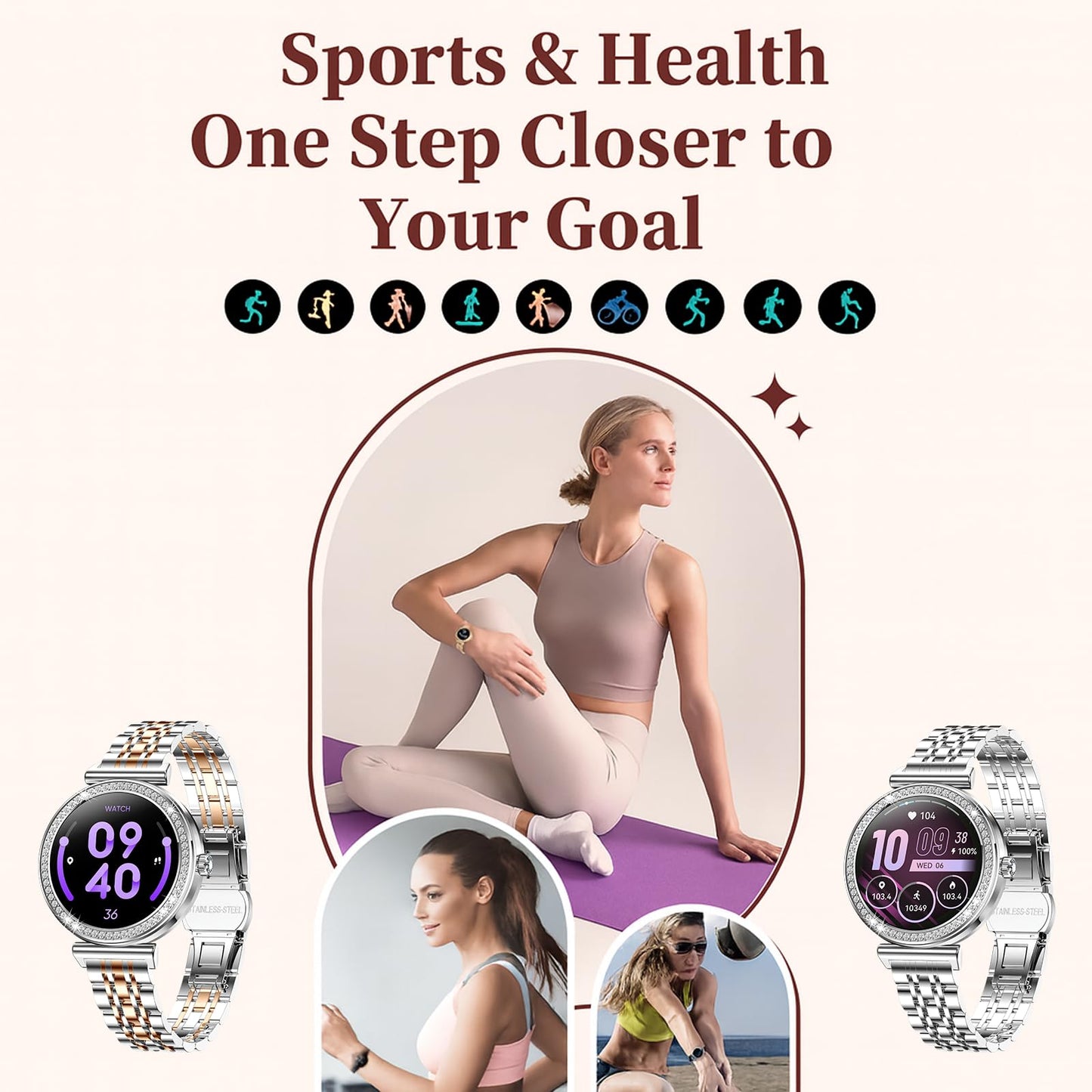 Smart Watches for Women Fitness Tracker with Diamonds Multi-Sport Modes Heart Rate Monitor Sleep Monitoring Bluetooth Calls Female Helath 1.27" Dainty Smartwatch for Android iOS Rosegold Mix