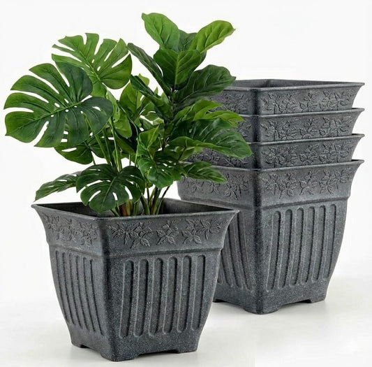 18'' Large Square Planter for Plants - 4 Pack Imitation Cement Plastic Flower Pots with Drainage Holes & 2cm Raised Base, 14 Gal Decorative Stone Like Garden Pot, Retro Plant Container